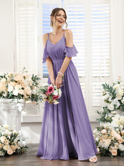 A-Line/Princess Spaghetti Straps Floor-Length Chiffon Bridesmaid Dresses with Split Side & Ruched