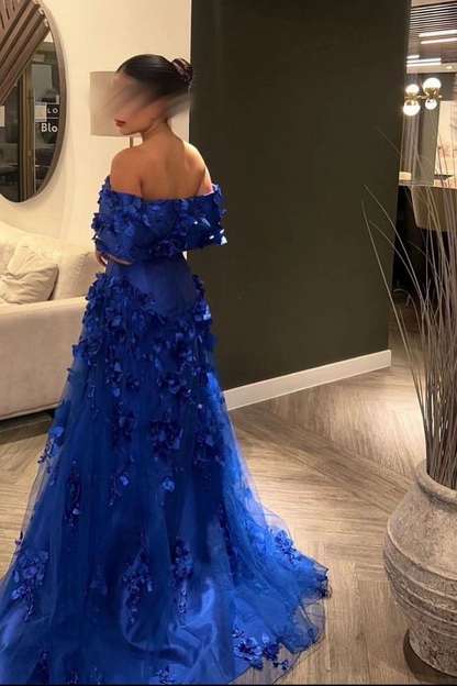 edgynewlook Chic Royal Blue SatinOff the Shoulder Strapless Long Prom Dress with Flowers