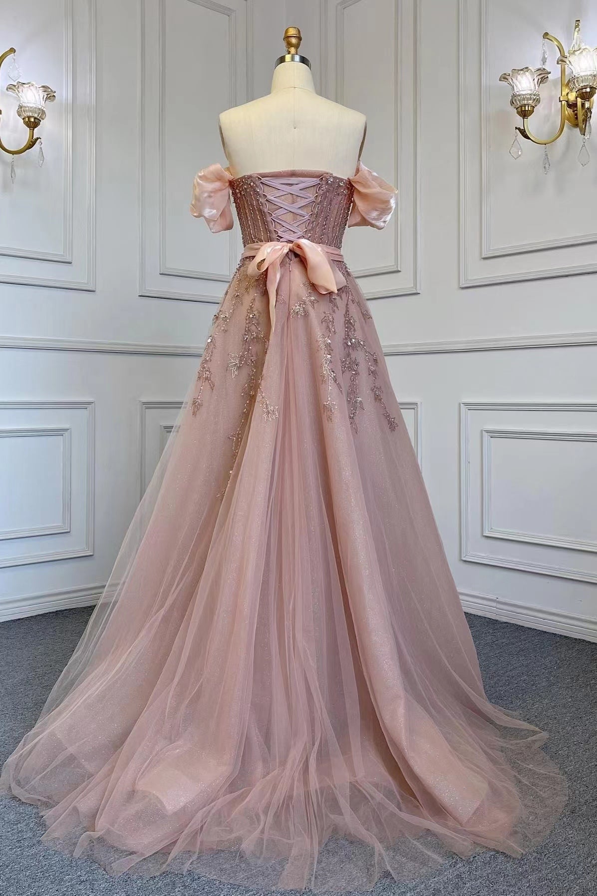 Pink Off-The-Shoulder Bubble Sleeves Prom Dress Belt With Sequins Tulle ED0393