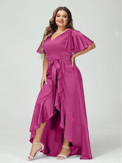 Sheath/Column V-Neck Short Sleeves Ruffles Asymmetrical Plus Size Dresses with Pockets & Sash