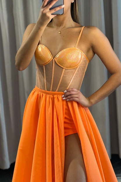 Orange A Line Spaghetti Straps High Split Long Prom Dress YL0016