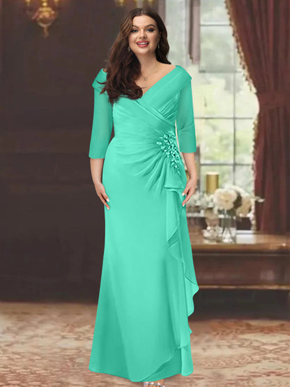 Sheath/Column V-Neck Half Sleeves Floor-Length Plus Size Mother of the Bride Dresses with Ruffles & Appliques