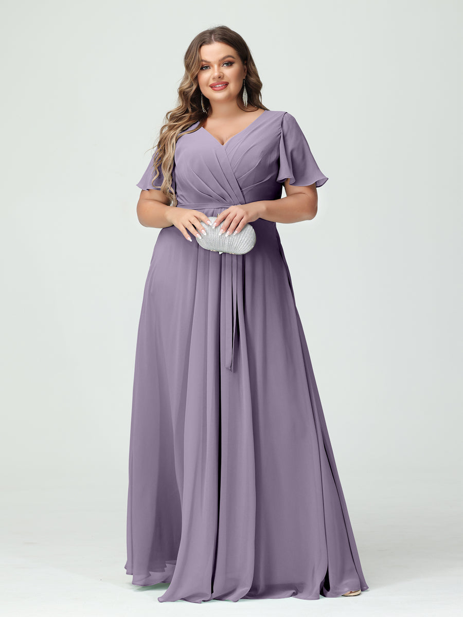 A-Line/Princess V-Neck Short Sleeves Plus Size Bridesmaid Dresses with Pockets Belt & Split Side