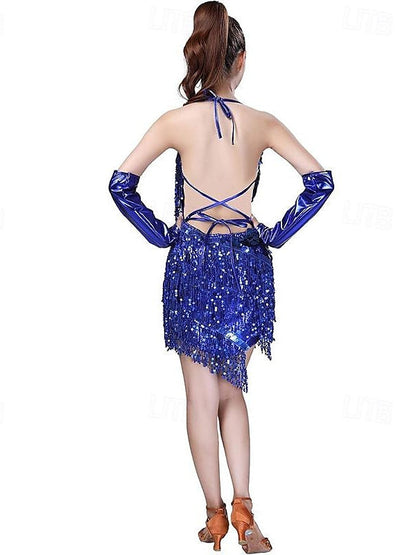 Sequins Tassel Latin Dance Dress for Women's Party Dresses  with Gloves