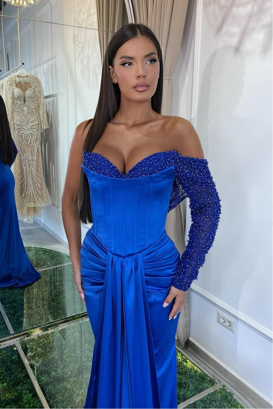 edgynewlook Amazing Royal Blue Satin One Shoulder Long Sleeves Sweetheart Mermaid Prom Dress with Beadings