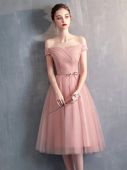 Simple Sweetheart Pink Tulle Off Shoulder Short Homecoming Dress, Pink Prom Dresses gh81