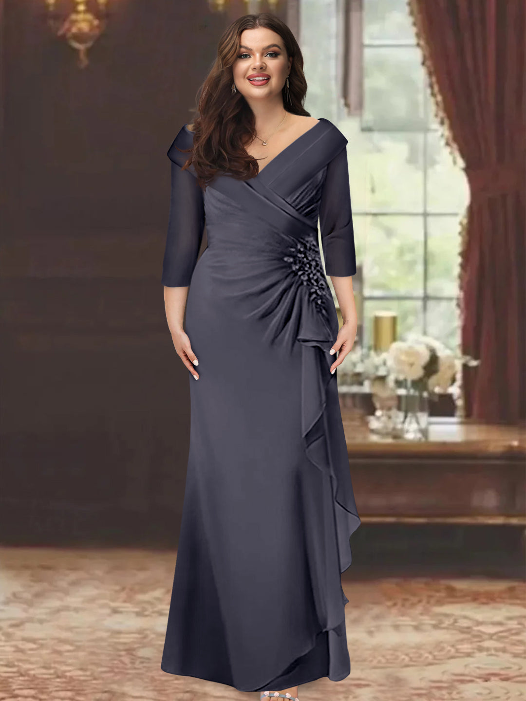 Sheath/Column V-Neck Half Sleeves Floor-Length Plus Size Mother of the Bride Dresses with Ruffles & Appliques