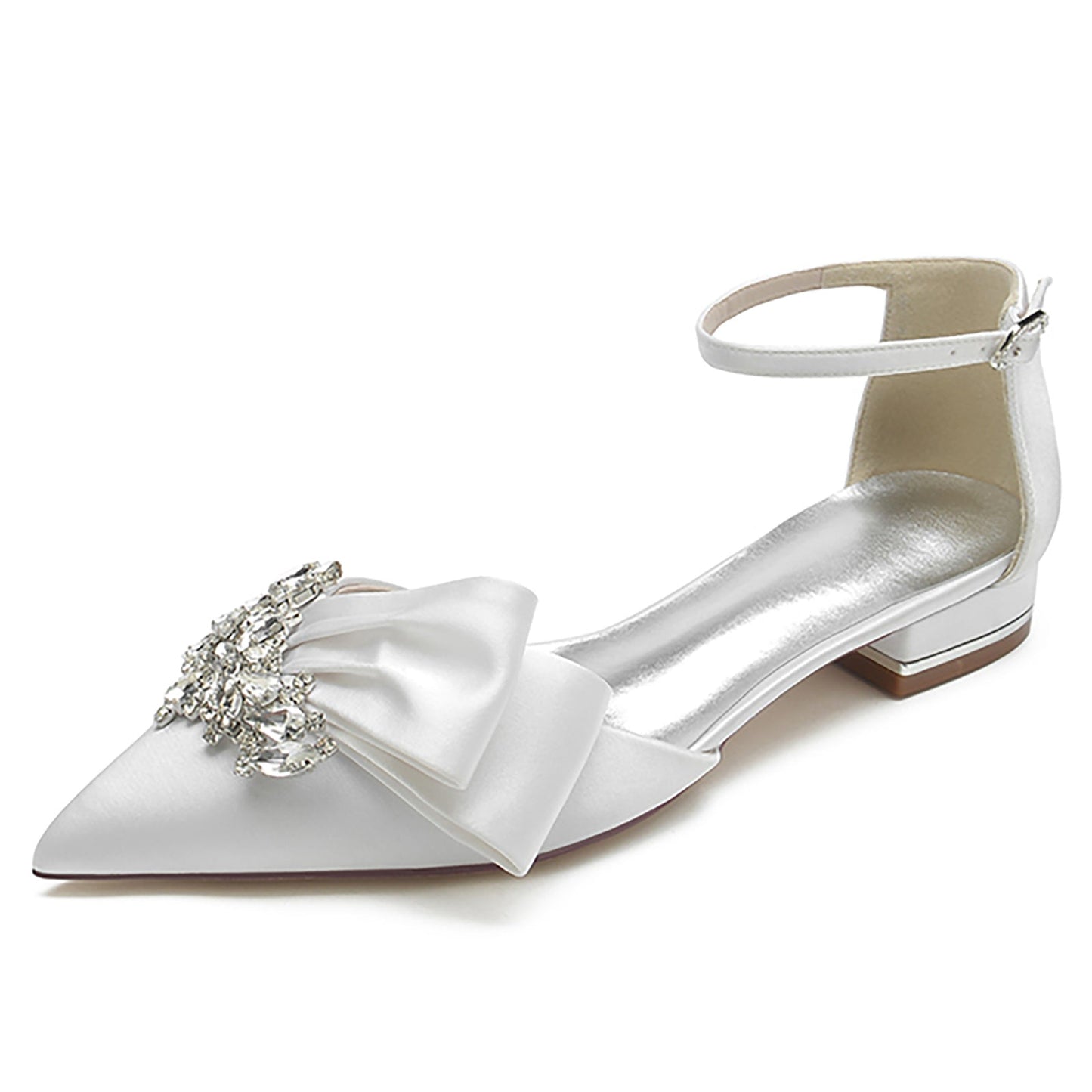 Women's Wedding Shoes White Rhinestone Silk Satin Bow Low Pointed Toe Bridal Shoes