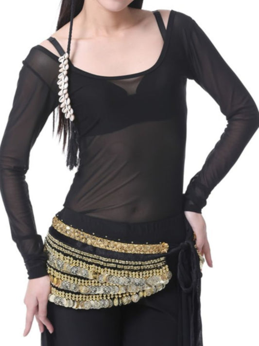 Transparent Belly Dancewear Round Long Sleeves Performance Costume