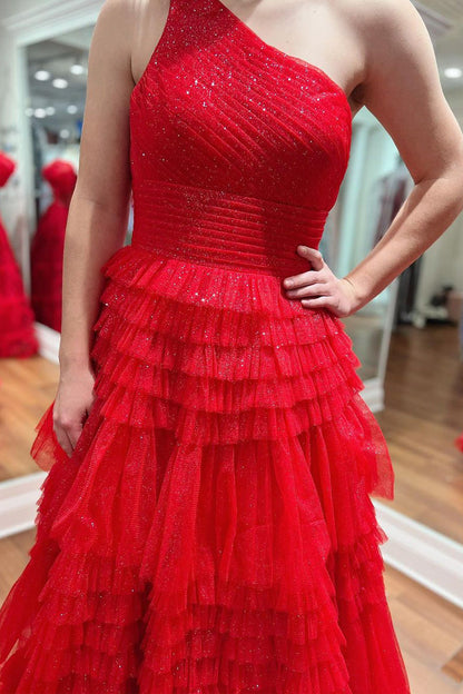 Sparkly Red One Shoulde Ruffle Tulle A-Line Long Prom Dresses