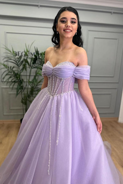 edgynewlook Exquisite Purple Tulle Off the Shoulder Strapless Prom Dress with Rhinestone