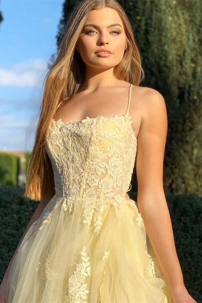 Daffodil Spaghetti-Straps Lace Appliques Mermaid Prom Dress With Split PD0925