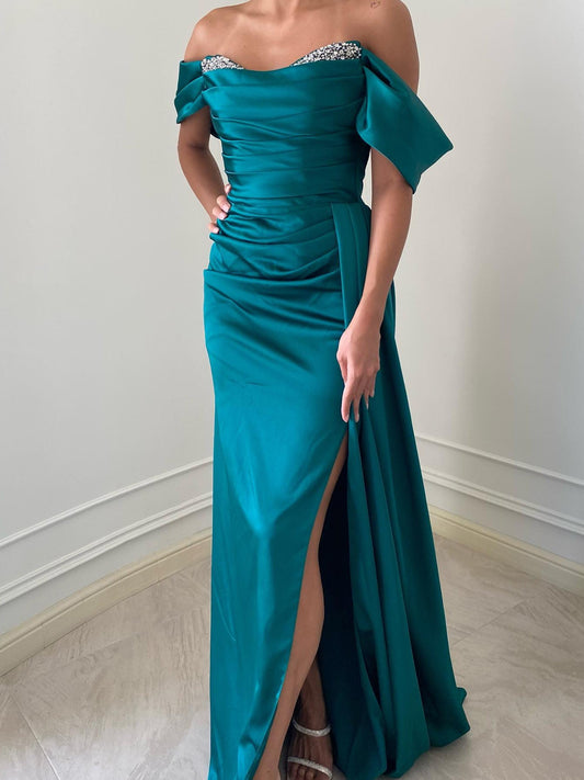 Sheath/Column Off-the-Shoulder Floor-length Long Dresses With Split Side & Beading