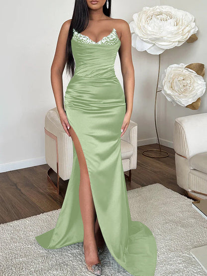 Sheath/Column V-neck Sleeveless Sweep Train High Split Evening Dresses