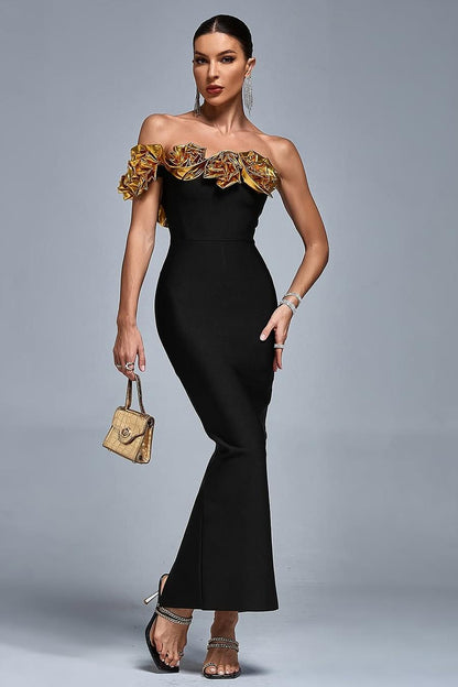 edgynewlook Stunning Black Satin One Shoulder Strapless Mermaid Prom Dress with Ruffles