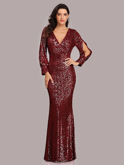 Mermaid/Trumpet V-Neck Long Sleeves Floor-Length Party Cocktail Dress with Sequins