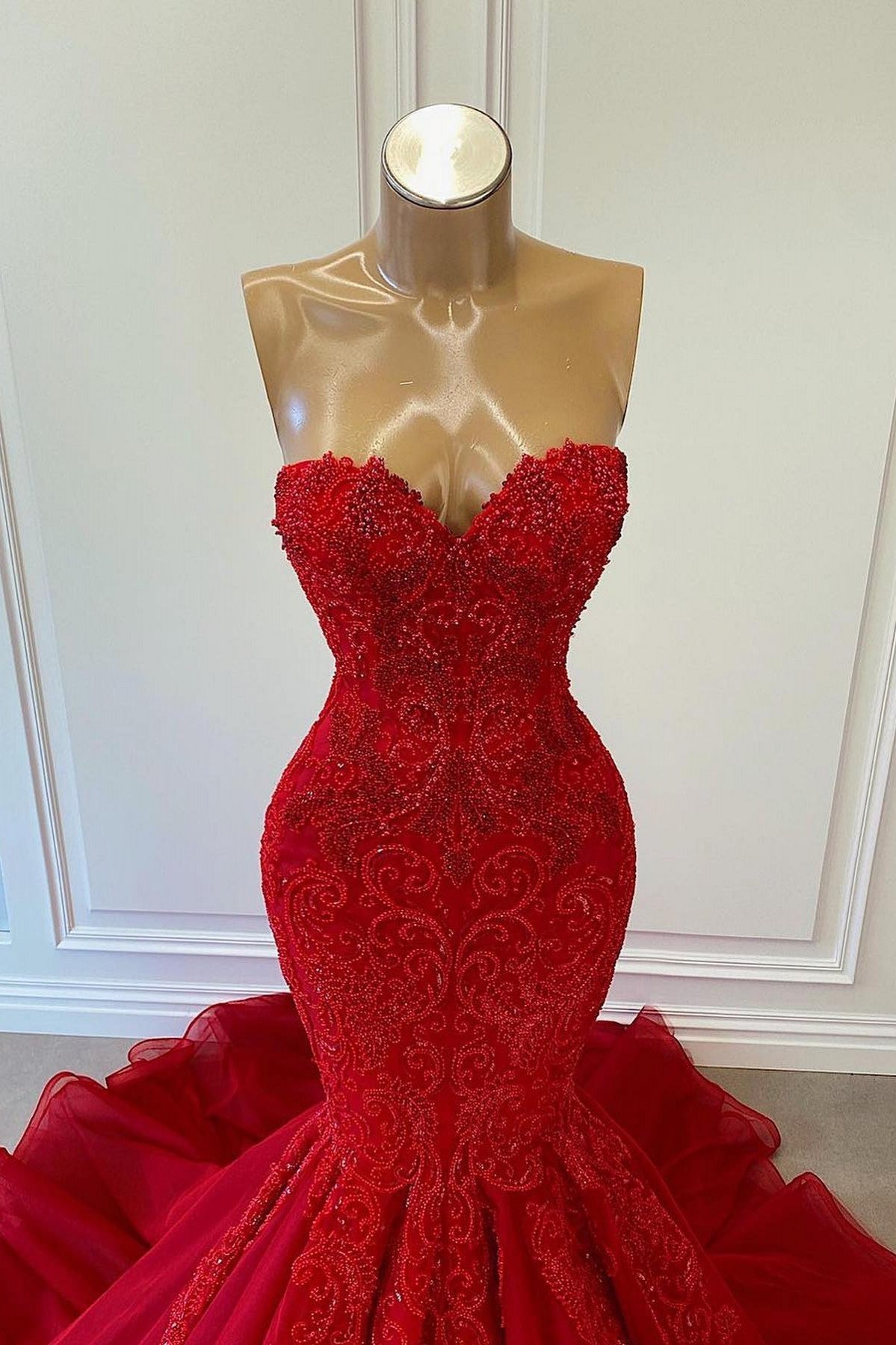 Red Sweetheart Sleeveless Mermaid Prom Dress With Beadings PD0731