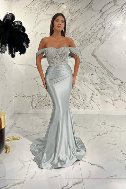 Elegant Off-The-Shoulder Mermaid Sequins Prom Dress With Beads Pleated ED0408