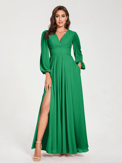 A-Line/Princess V-Neck Long Sleeves Floor-Length Bridesmaid Dresses with Pockets & Split Side