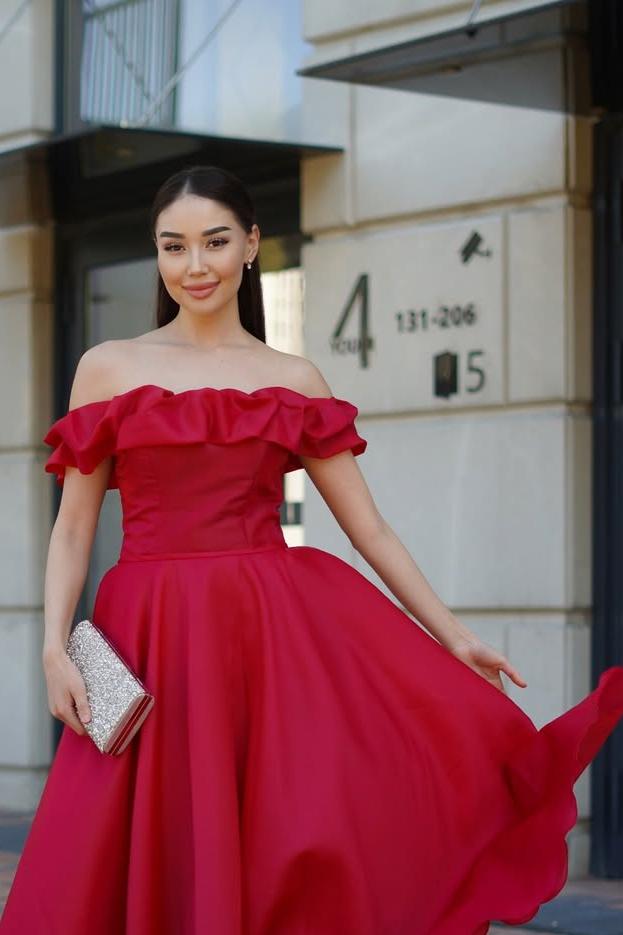 edgynewlook Beautiful Red Satin Off the Shoulder Strapless A Line Prom Dress with Ruffles