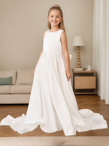 A-Line Princess Sleeveless Satin Flower Girl Dress with Sweep Train and Bow