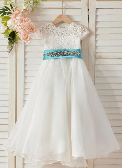 A-line Lace Organza Ankle-length Ivory Flower Girl Dress