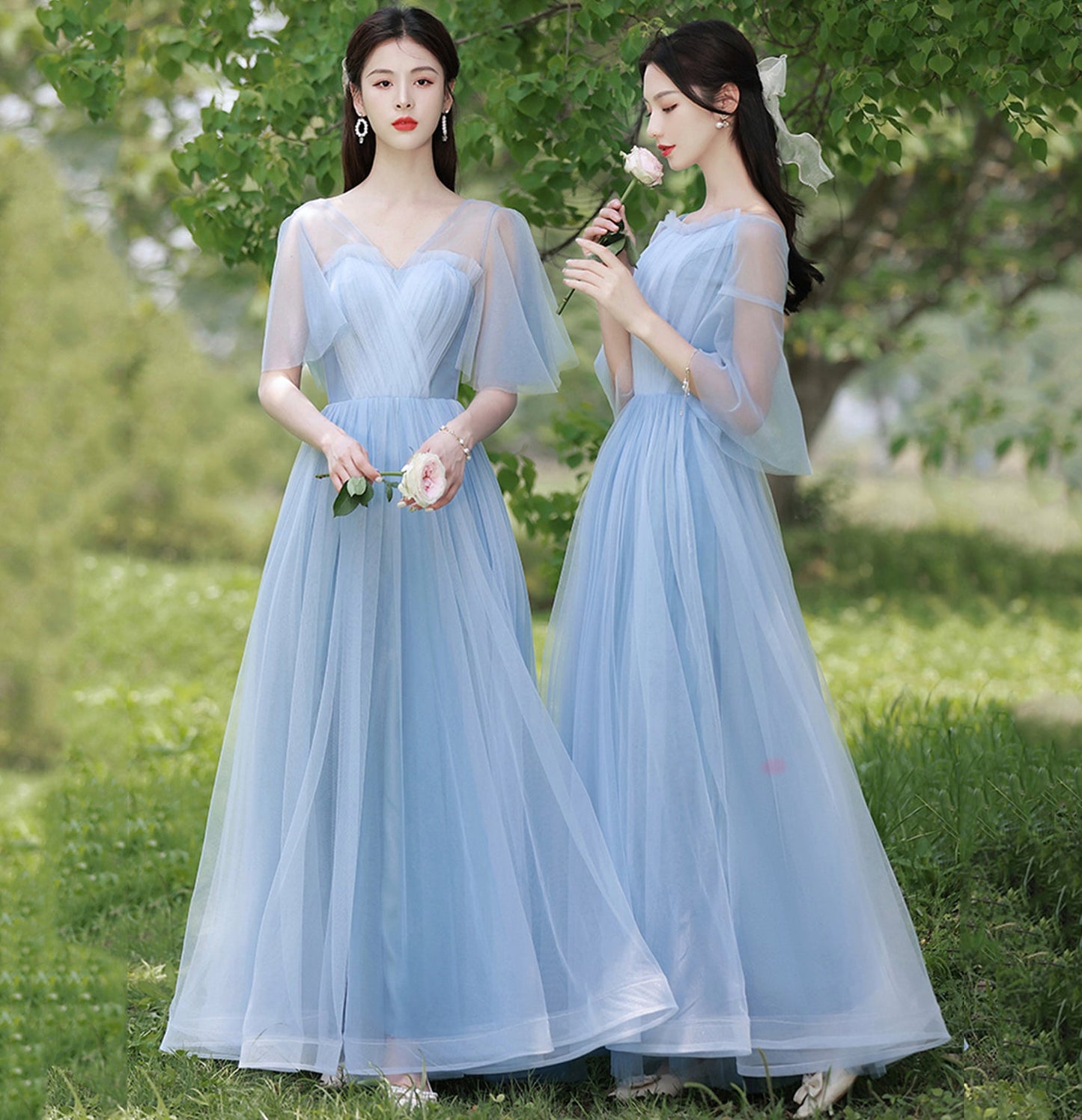 Blue tulle long A line prom dress bridesmaid dress  10047