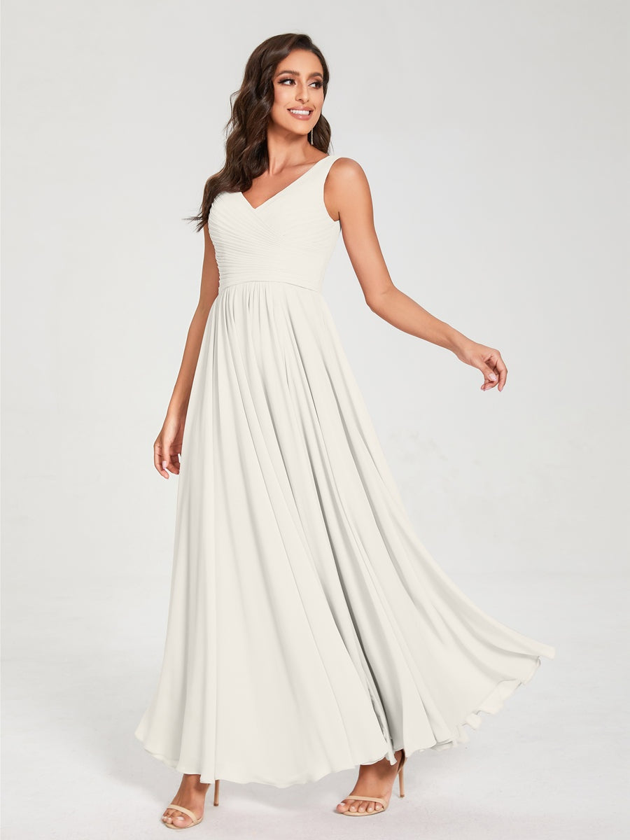 A-Line/Princess Chiffon V-Neck Sleeveless Floor-Length Bridemaid Dresses With Pleats