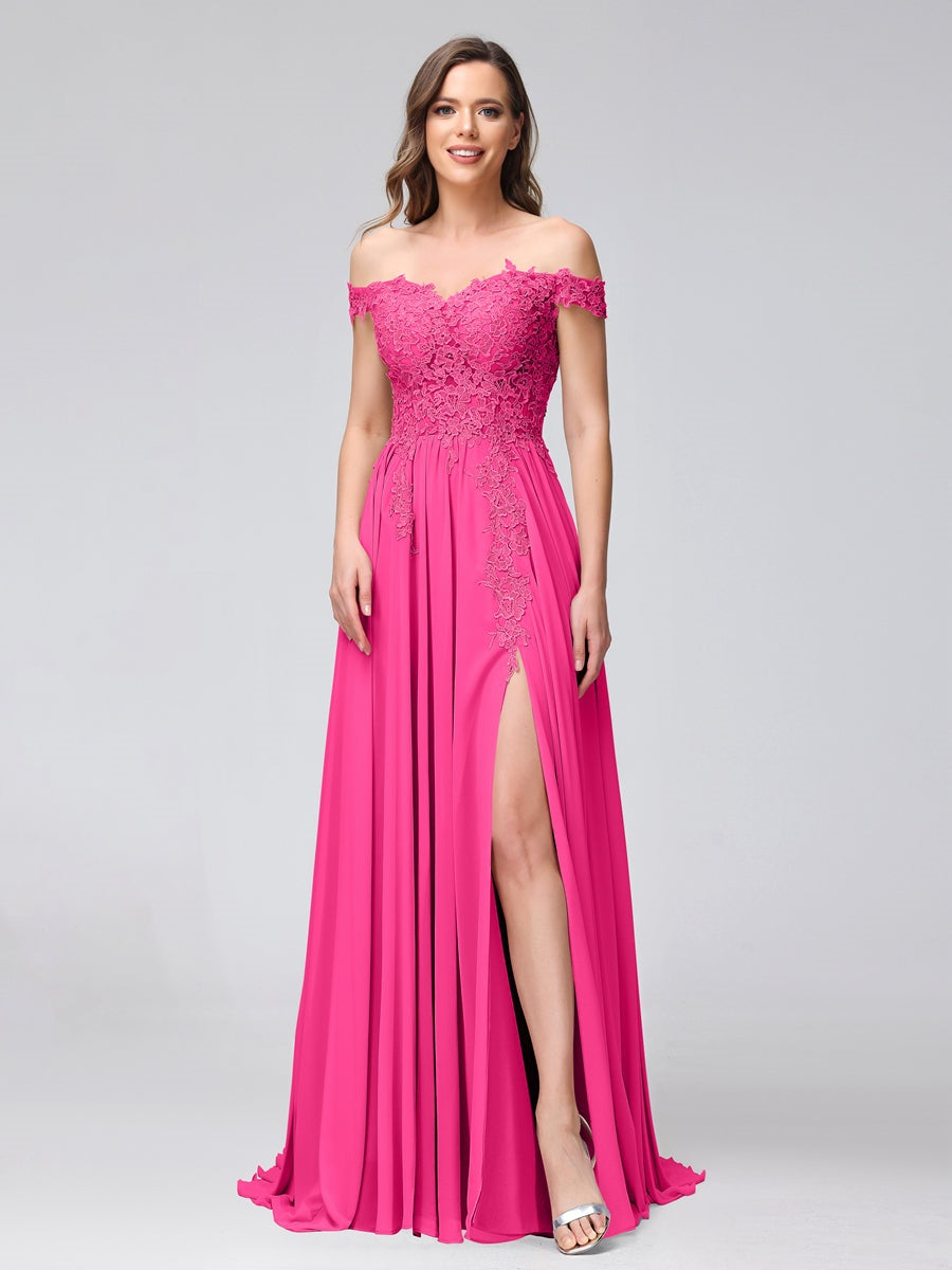 A-Line/Princess Off-the-Shoulder Sleeveless Long Bridesmaid Dresses with Side Slit & Appliqued