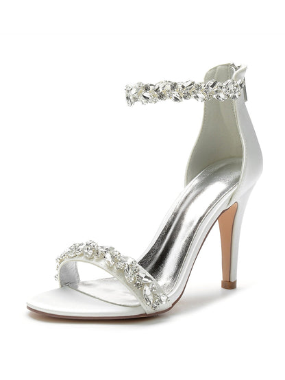 Women's Wedding Shoes Satin Stiletto Pointed Toe Crystal Bridal Shoes