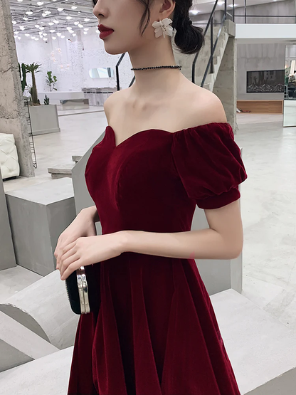 Wine Red Short Velvet Evening Dresses, Off Shoulder Prom Dresses Bridesmaid Dress  gh233