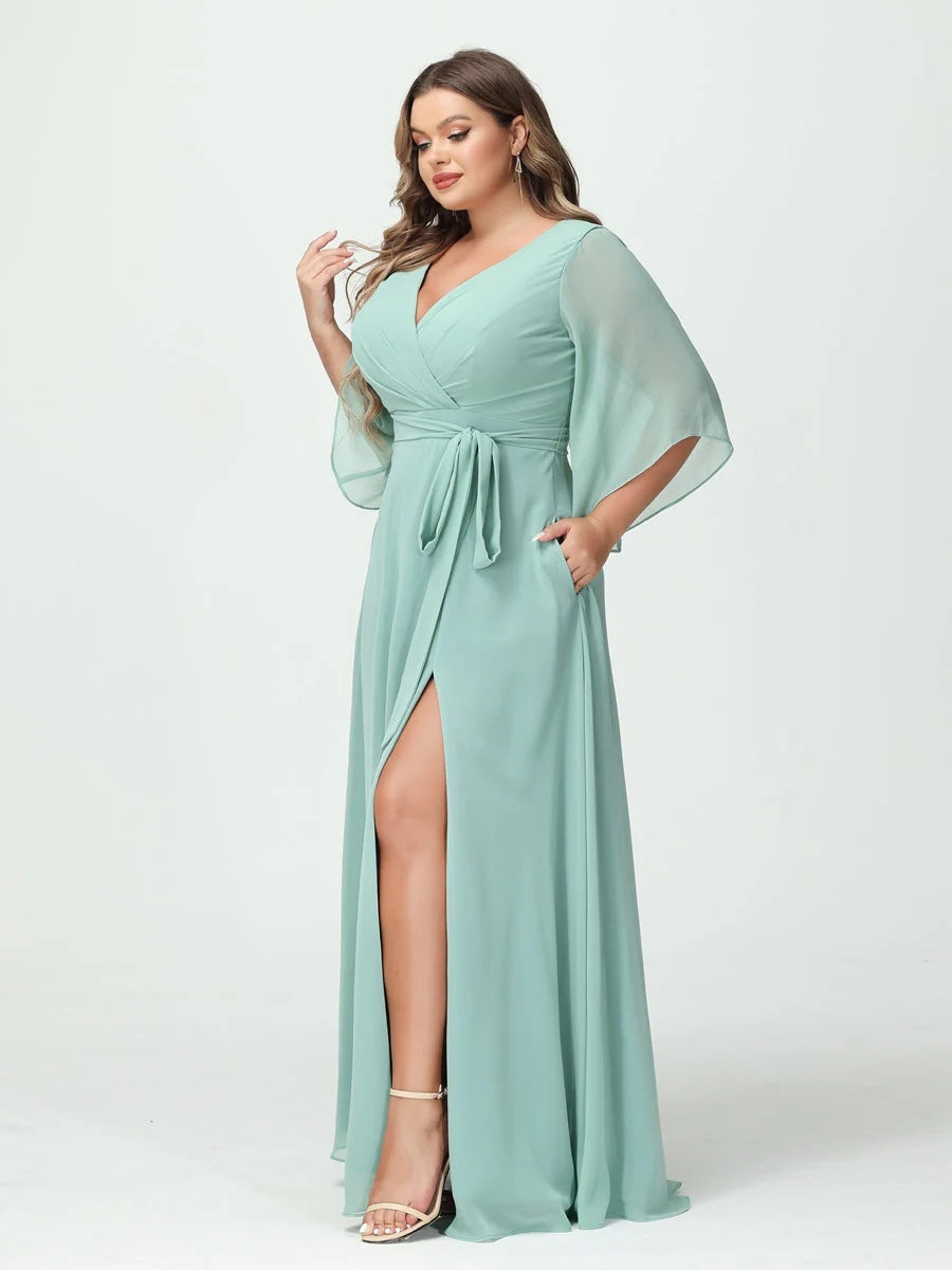 A-Line/Princess/Princess V-Neck Long Sleeves Chiffon Plus Size Bridesmaid Dresses With Pockets Belt & Split Side