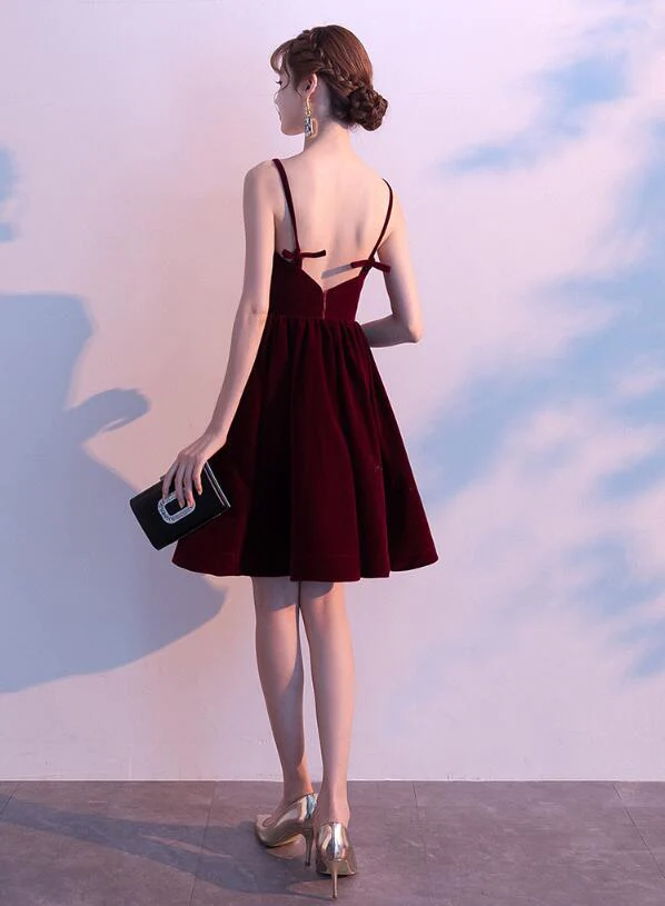 Lovely Velvet Burgundy Short Straps Homecoming Dress, Lovely Short Wedding Party Dress gh428