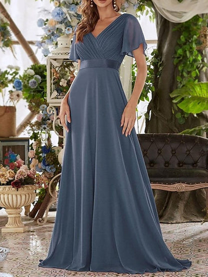 A Line/Princess V Neck Short Sleeves Floor-Length Wedding Guest Dress