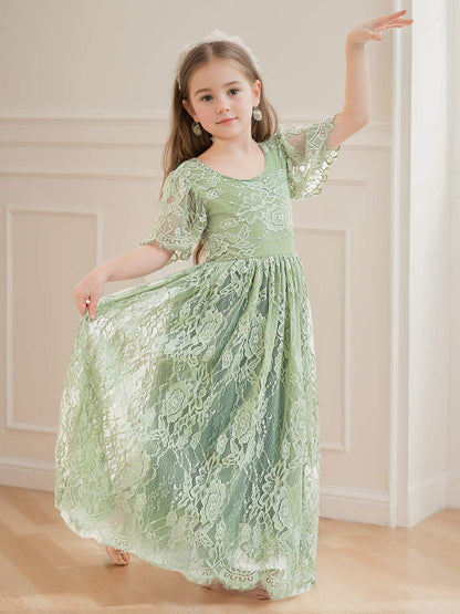 A-line Lace Ankle-length Ivory Boho Flower Girl Dress