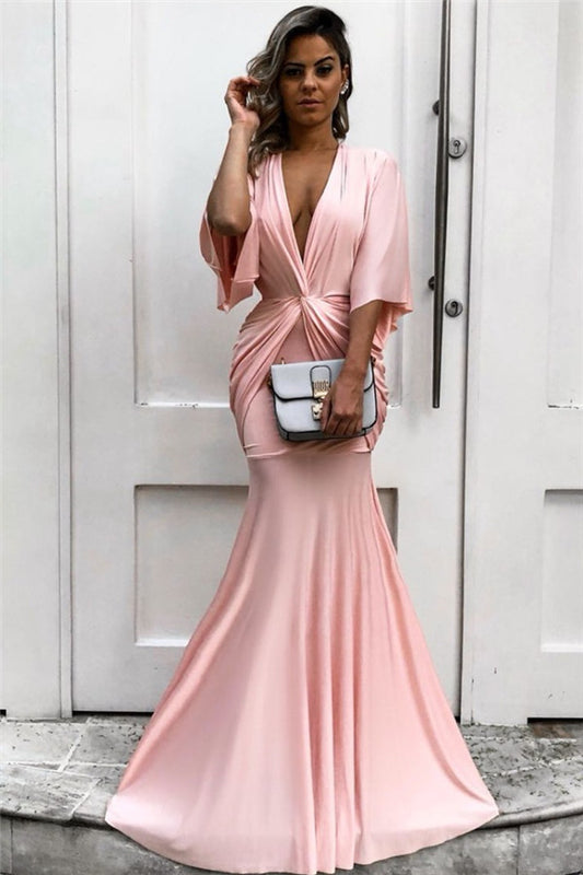 Light Pink Half Sleeves Mermaid Long Prom Dress PD0875