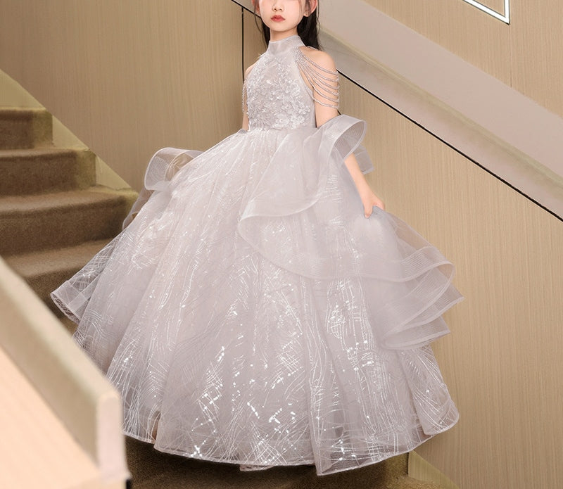 Ball Gown Halter Floor Length Girl Party Dresses with Beading Flower Appliques