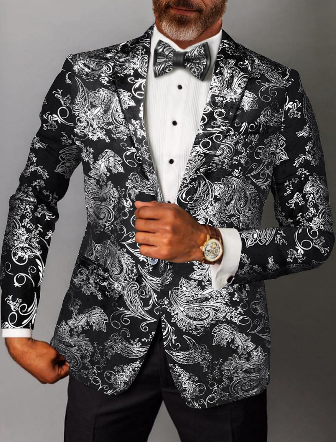 Gold Silver Men's Tailored Fit Single Breasted One-button Printed Party Jacket