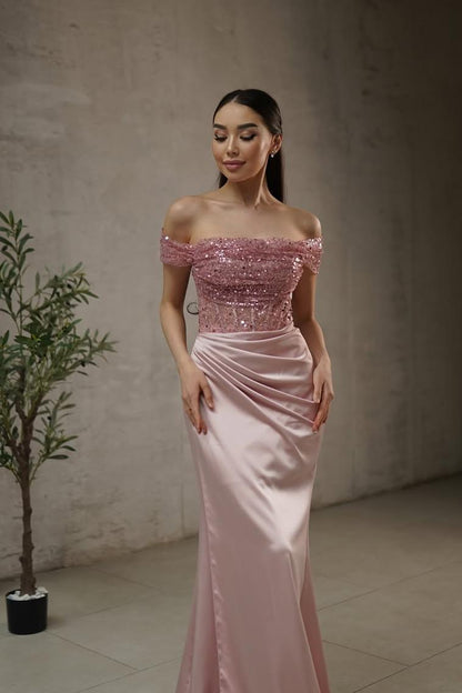 edgynewlook Stunning Blushing Pink Satin Strapless Off the Shoulder Prom Dress with Sequins