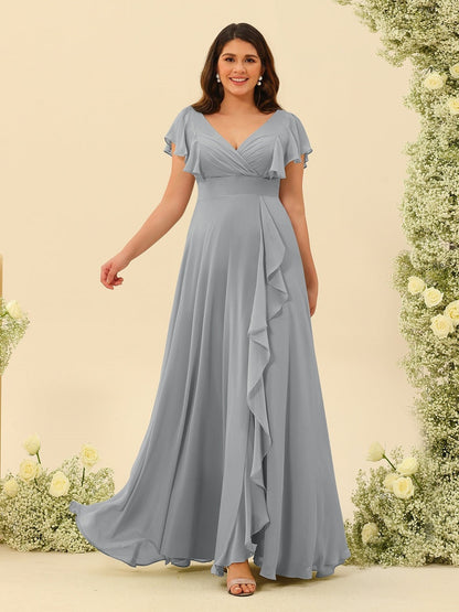 A-Line/Princess V-Neck Plus Size Bridesmaid Dresses with Ruffles