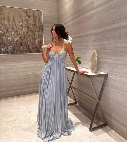 Blue lace spaghetti strap long evening dress bridesmaid dress beautiful and elegant sleeveless gh3044