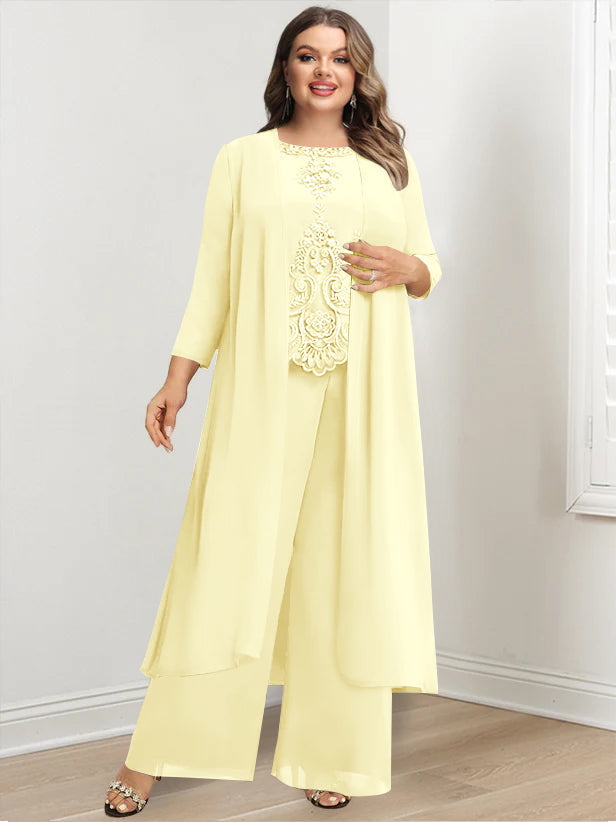 Chiffon Round Neck Floor-Length Plus Size Mother Of The Bride Pantsuits With Jacket & Applique