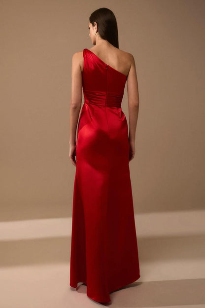 edgynewlook Charming Red Satin One Shoulder Sleeveless Long Pleated Prom Dress with Split