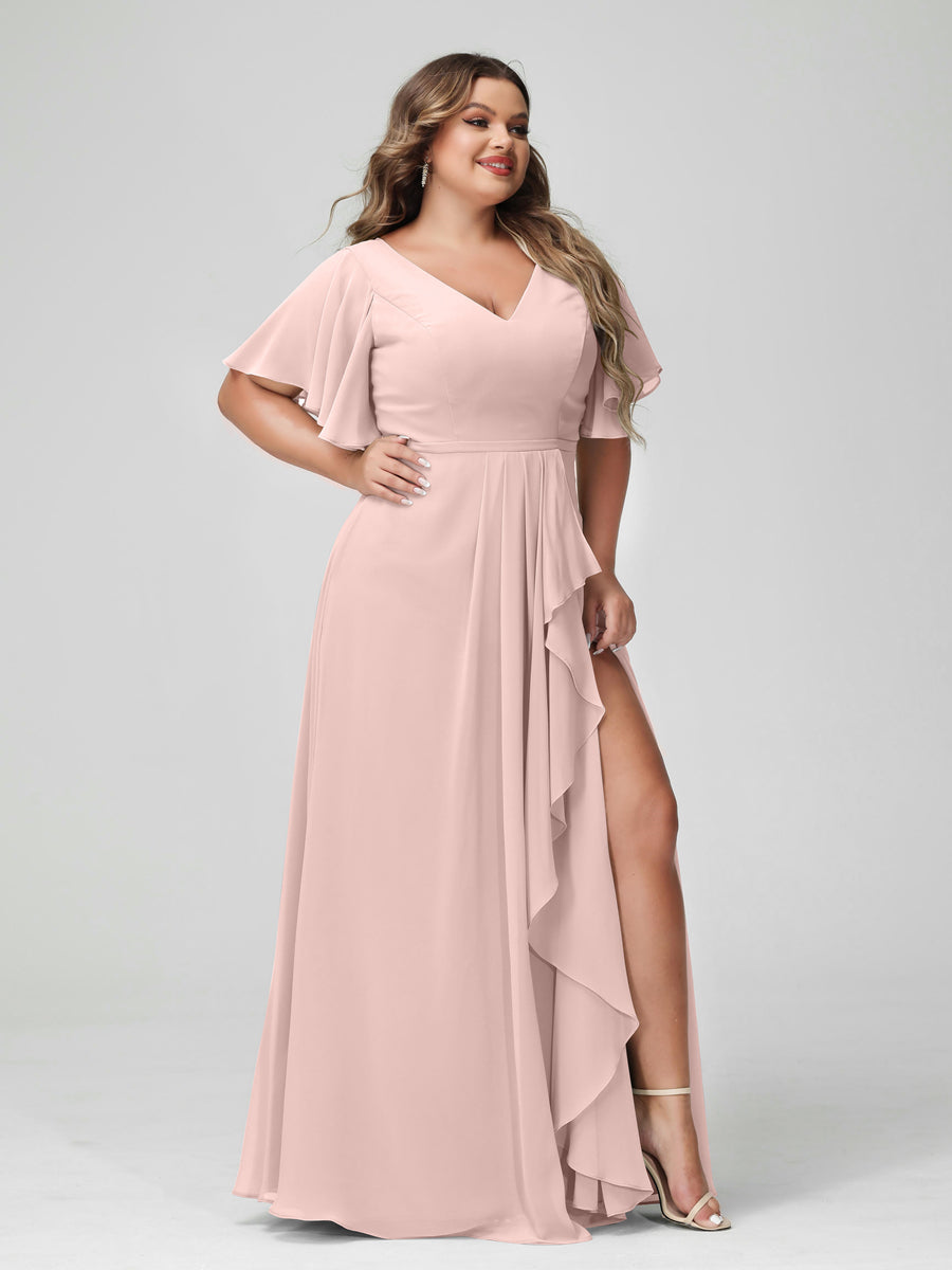 A-Line/Princess V-Neck Half Sleeves Chiffon Plus Size Bridesmaid Dresses with Split Side & Ruffles