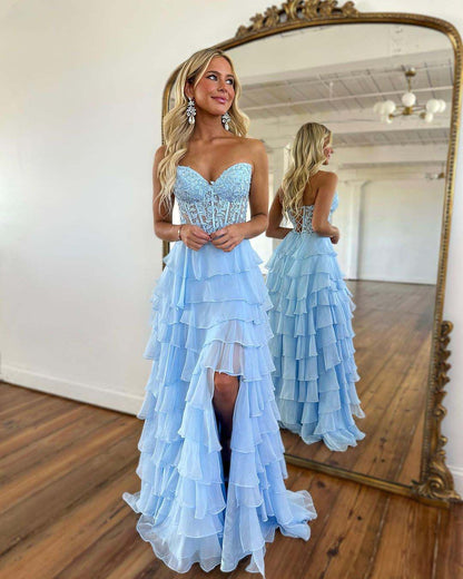 Sweetheart Lovely Split Chiffon Appliques Prom Dress ZT0156