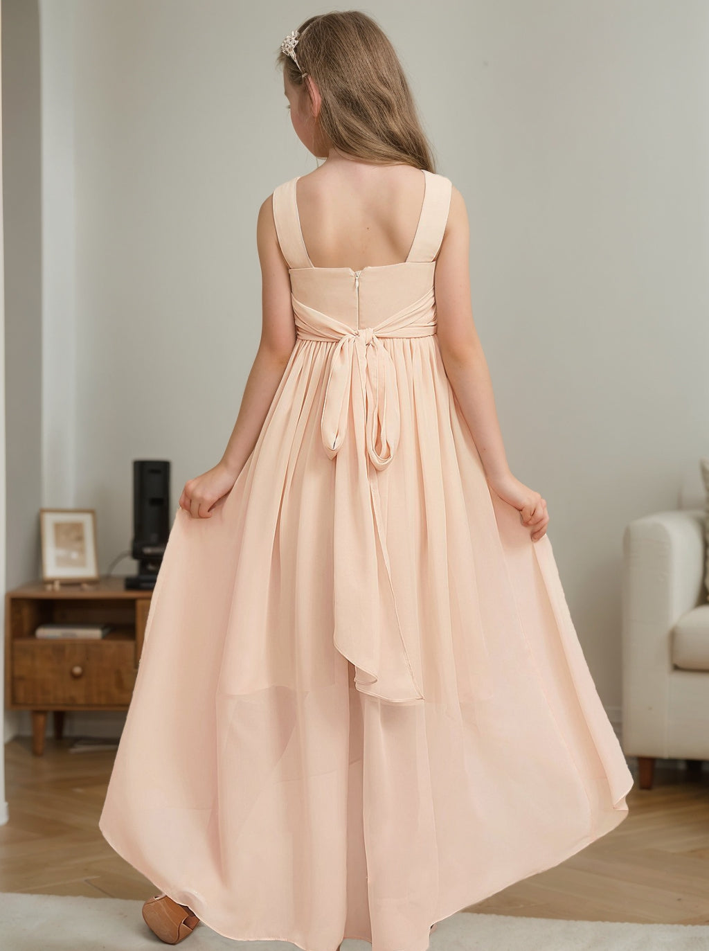 A-line V-Neck Asymmetrical Pleated Chiffon Junior Bridesmaid Dress With Flower