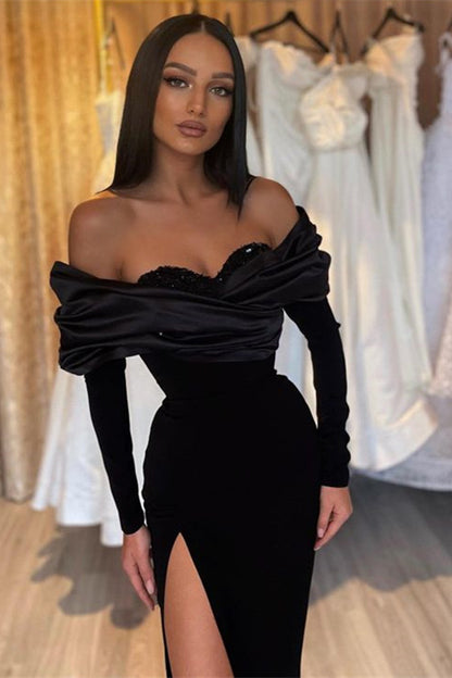 Black Mermaid Prom Dress Half-Sleeve Pleated With Slit ED0644