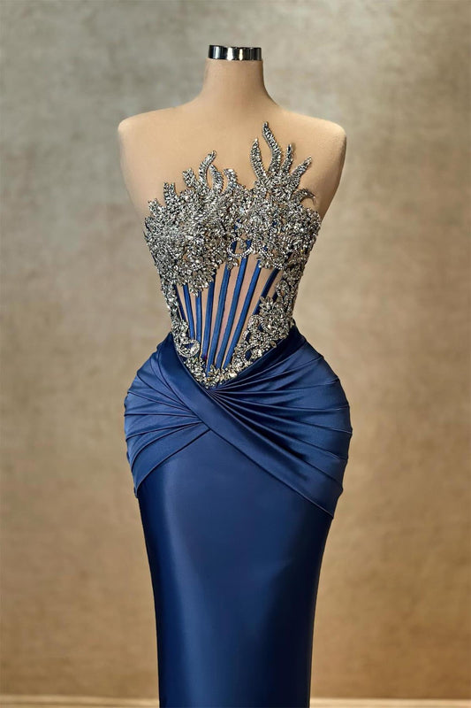 edgynewlook Navy Blue Strapless Sleeveless Mermaid Pleated Prom Dress with Beadings Rhinestones