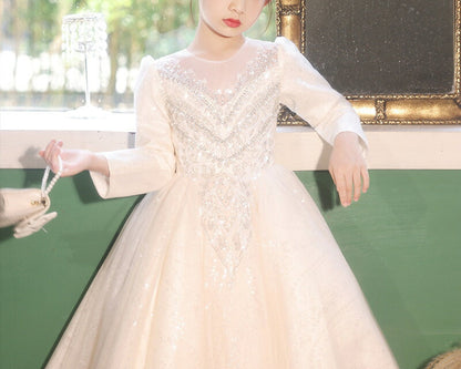 Ball Gown Round Neck Long Sleeves Flower Girl Dresses with Rhinestone Appliques