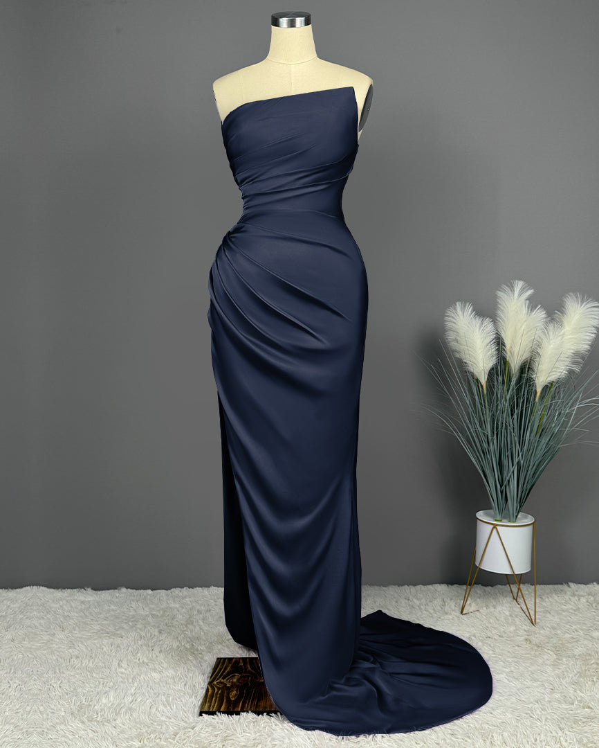 Okdais Prom Dress Simple Blue Sleeveless Charmeuse With High Slit PLeated X0002